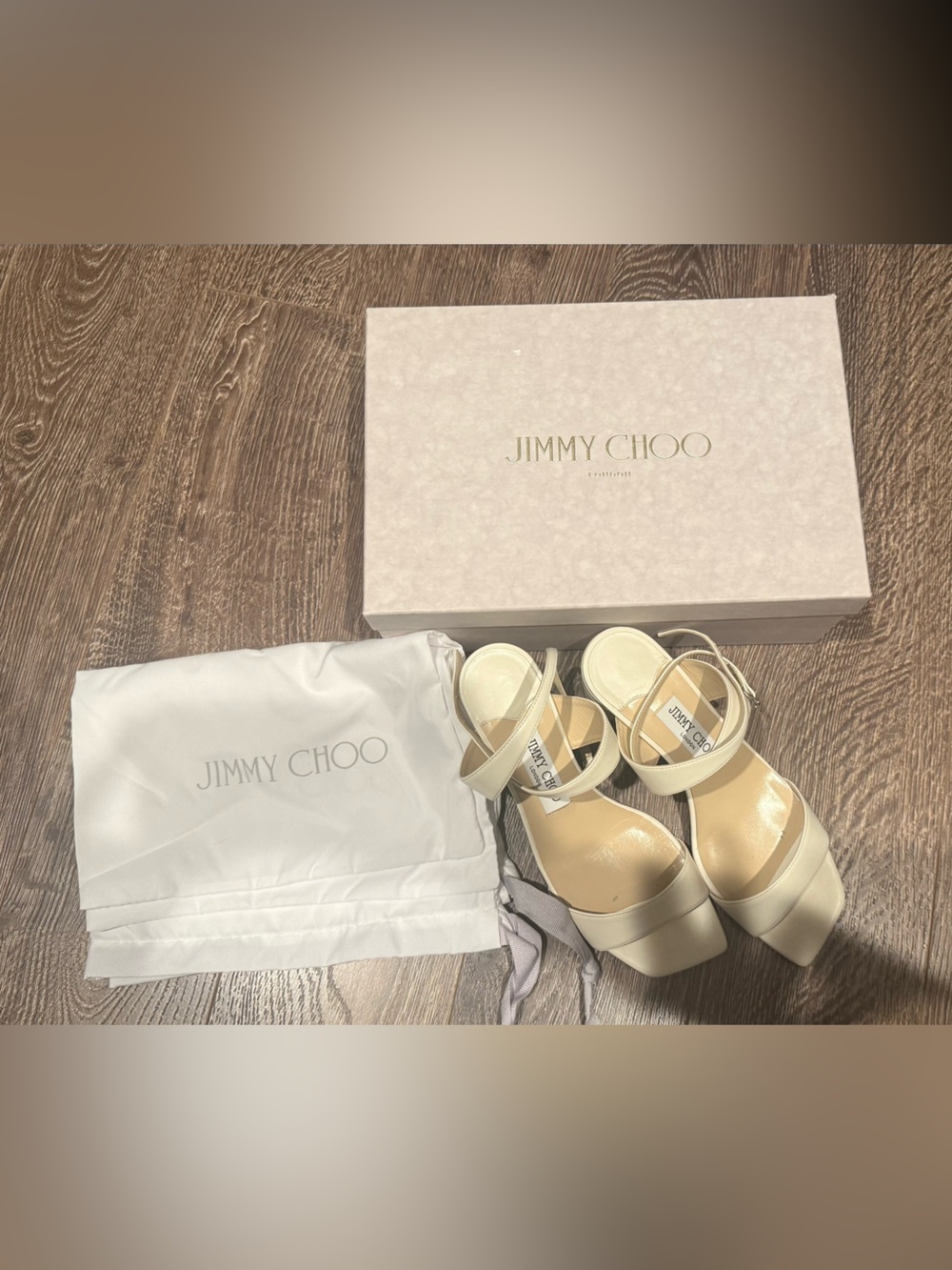 Jimmy Choo Cream Leather Block-Heel Sandal - Picture 2 of 7